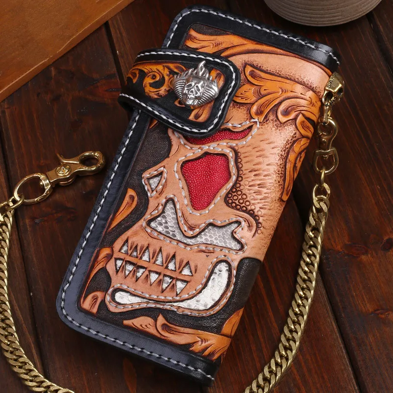 

Handmade carving Skull Women Splicing Python Skin Wallets Trousers Chain Purses Men Long Clutch Vegetable Tanned Leather Wallet