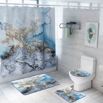 

4Pcs/Set Blue Marble Printed Shower Curtain Mat Set Bathroom Toilet Non-Slip Carpet Shower Partition Curtain Home Decoration
