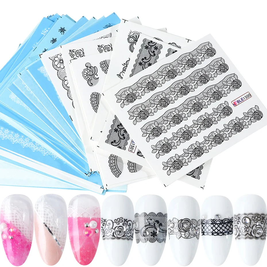 

40pcs Black White Lace Flower Nail Sticker Butterfly Sexy Full Warps Water Transfer Decals Polish Sliders Manicure Decor JINC180