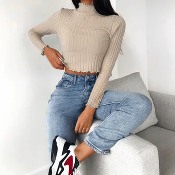

SEASONS Woman Turtleneck Knitted Slim Crop Top Simple Fit Soft Tees Shirt 2020 Spring Casual Basic Solid Short Top ASTS80537
