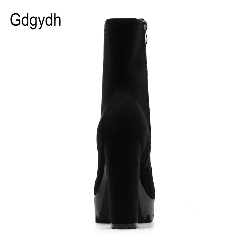 Gdgydh/Новые черные замшевые ботинки обувь на платформе с блочным каблуком однотонные ботильоны для женщин на резиновой подошве с молнией сзади; большие размеры 42