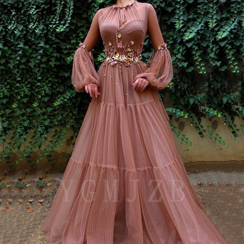 Элегантные розовые кружевные Выпускные платья трапециевидной формы с длинными рукавами, 3D цветами, жемчугом, Саудовской Аравией, женские вечерние платья для выпускного вечера, Robe De Soiree
