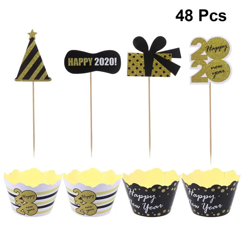 48pcs New Year Cake Wrapper And Picks Paper Cupcake Topper Christmas Party Cake Wrapper Xmas Party Decorating Supplies A35