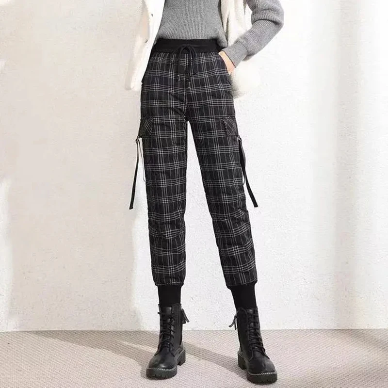 

Down Cotton Pants Outdoor Warm Autumn Winter Women Cargo Pants Fashion Lattice High Waist Harem Trouser Streetwear Sweatpants