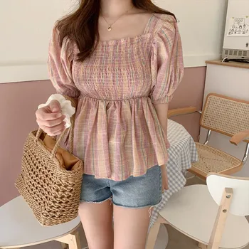 

New Fashion 2020 Summer Women Sexy Green Shirt Elegant Short Sleeve Lantern Sleeve Office Shirt Ladies Square Collar Tops Blouse