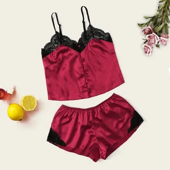 

Pyjama Femme Women V-Neck Silk Lace Satin Striped Camisole Pijama Sexy Lingerie Sleepwear Shorts Set Pijama Mujer Homewear#W