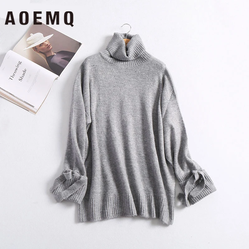

AOEMQ Winter Sweater Solid Striped Casual Home Wear Keep Warm Sweater Thick Hand Made Sweater with Ribbon for Women Clothing