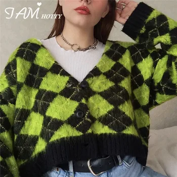 

IAMHOTTY Vintage Y2K Knitted Cardigan Women Oversize V-Neck Argyle Plaid Streetwear School Knitwear Sweater Button Up Cardigan