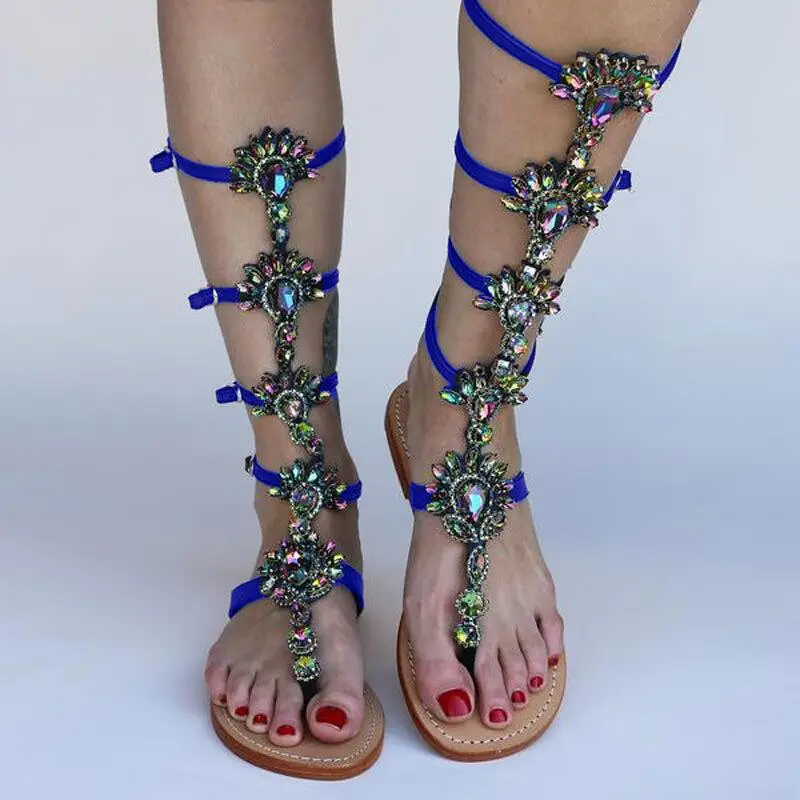 Woman Sandal Boots Rhinestone Lady Knee High Boots Thin High Heels Stiletto Crystal Dress Summer Shoes Sandalias Bohemia Style women sandals women high heels