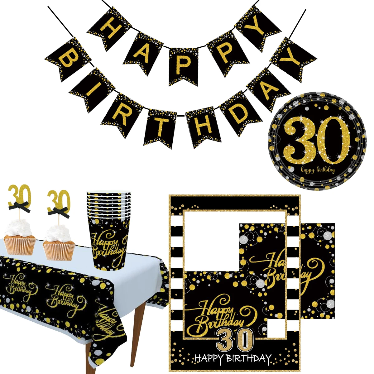 

Chicinlife 30 40 50 60 Happy Birthday Banner Paper Napkins Cup Table Cloth 30th 40th Birthday Party Decoration