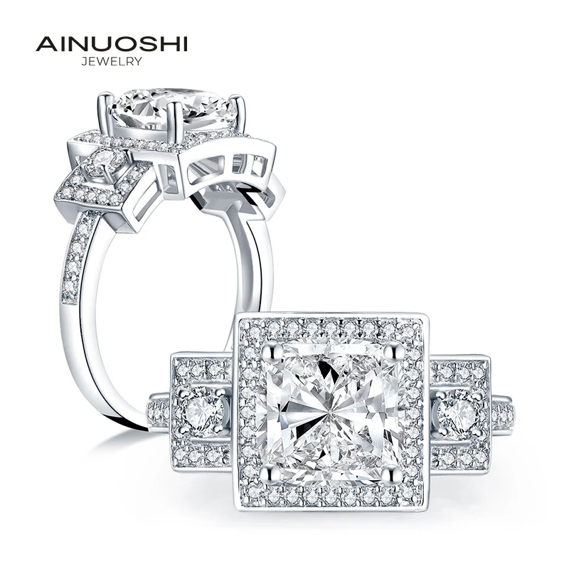 

AINUOSHI 925 Sterling Silver 2.50 CT Cushion Cut Halo Rings Engagement Simulated Diamond Women Wedding Silver Hallow Rings Gifts