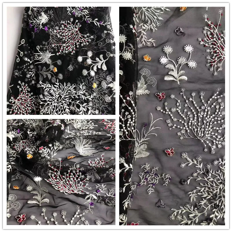 Тяжелая вышитая кружевная ткань, кружевная ткань с розовой розой, роскошная вышитая кружевная ткань для высокой моды, Черное кружево