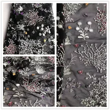 Тяжелая вышитая кружевная ткань, кружевная ткань с розовой розой, роскошная вышитая кружевная ткань для высокой моды, Черное кружево