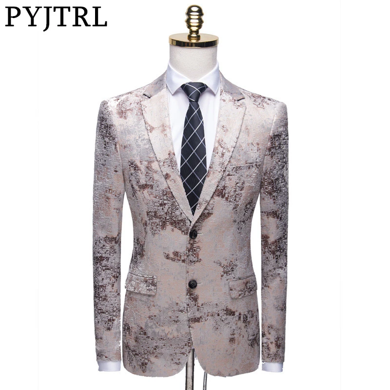 

PYJTRL Quality Men Jacquard Blazer Light Brown Blue Floral Pattern Wedding Groom Prom Dress Suit Jacket Stage Singers Clothing