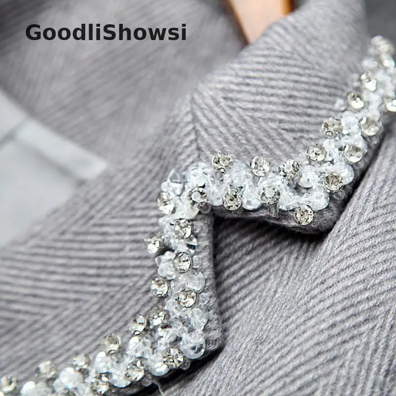GoodliShowsi, элегантный дизайн, Женский блейзер, платье с бриллиантами и зубчатыми лацканами, двубортное, Женское шерстяное плиссированное платье