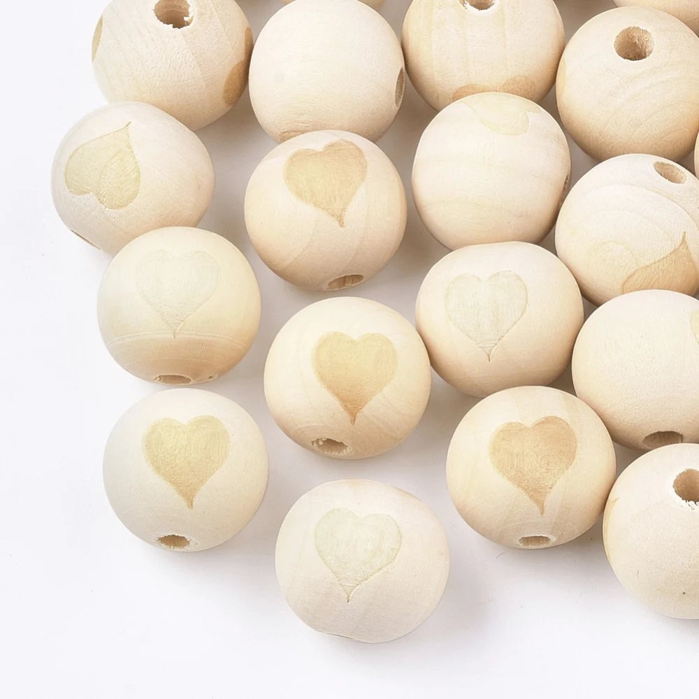 

50Pcs Heart Pattern Natural Wooden Beads Big Hole 20mm Wood Beads Round Wooden Balls Jewelry Making DIY Valentines Bracelet Gift
