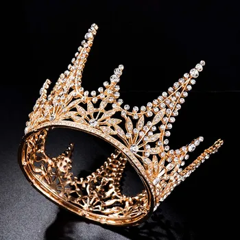 

FORSEVEN Baroque Gold Metal Crystal Full Round Tiaras Crowns Royal Princess Bride Noiva Wedding Party Hair Jewelry Accessories