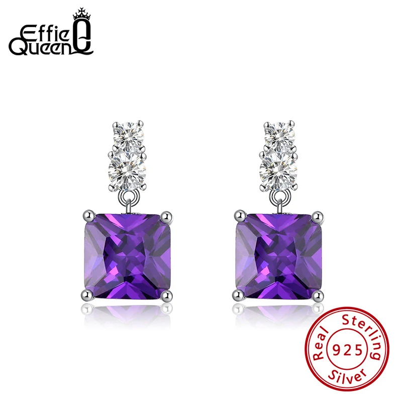 Effie queen 925 Серебряные квадратные серьги для женщин с большим фиолетовым кристаллом AAAA циркониевые серьги ювелирные изделия подарок на свадьбу BE227