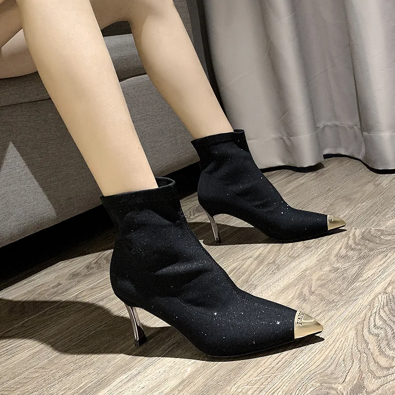 

6286-8 Autumn & Winter 2019 New Style High Heel Shoes Short Boots Women's Pointed Toe Thin Heeled Stretch Boots Thin Women's Sin
