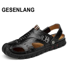 Летние мужские уличные сандалии из дышащей натуральной кожи; быстросохнущая пляжная Мужская обувь; Повседневная прогулочная обувь с закрытым носком для рыбалки; Новинка