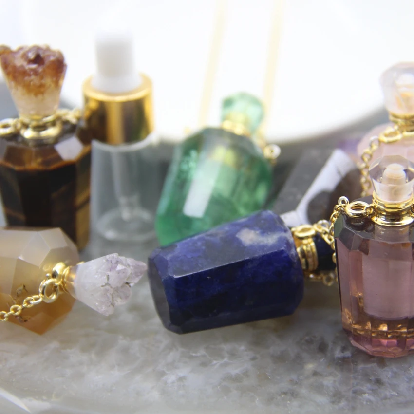 Natural Quartz Cut Faceted Perfume Bottle Pendants,Healing Crystal Essential Oil Diffuser Vial Necklace Jewelry For Women Gift