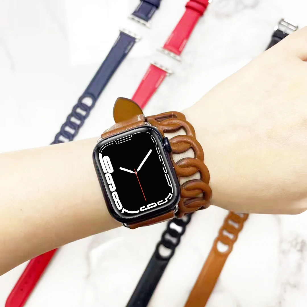 Leather Gourmette Double Tour Strap For Apple Watch Band 45mm/41mm Correa  42/38mm 44mm 40mm Bracelet Iwatch Series 7 6 5 4 3 Se - Watchbands -  AliExpress