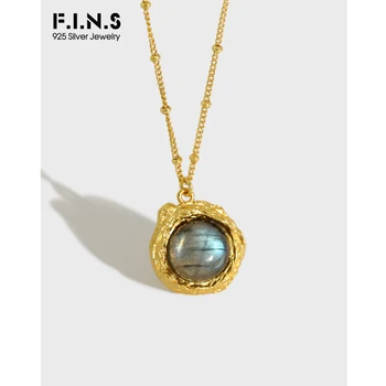 

F.I.N.S Luxury Irregular Uneven Sterling Silver Necklace Labradorite White Crystal Pendant Necklace Female Silver 925 Jewelry