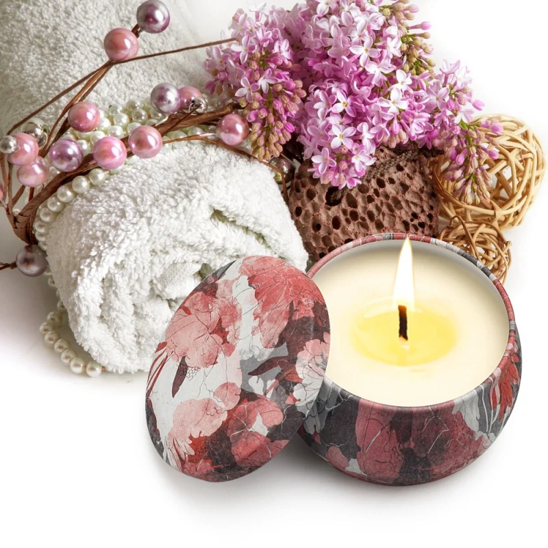 Рождественские бездымные ароматы, Ароматерапия Свеча с жестяной баночкой растение эфирное масло натуральный соевый воск свечи для домашнего декора набор с розами