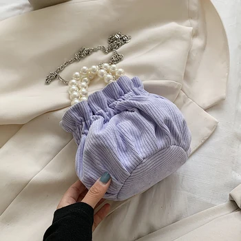 

Corduroy Pearl Shoulder Handle Bucket Bags for Women 2020 Mini Chain Crossbody Bags Lady Shoulder Handbags and Purses