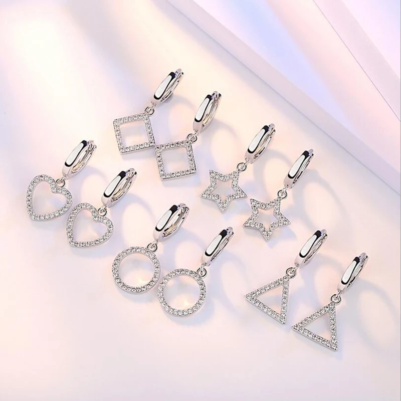 

5 Styles 925 Sterling Silver Crystal Zirconia Star Heart Circle Square Drop Earring Geometric Jewelry pendientes For Women Gift
