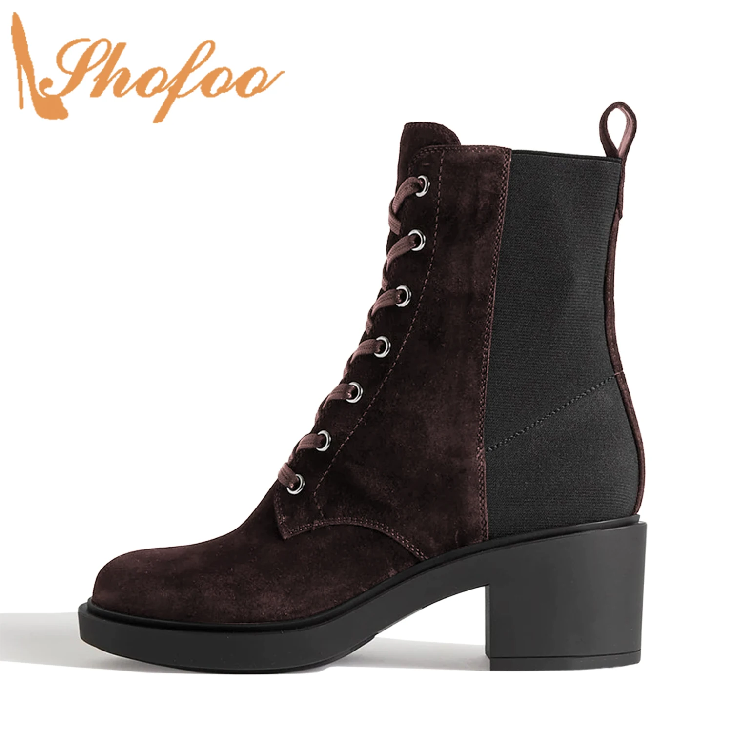 

Burgundy Patcehwork Women Winter Warm Ankle Boots Platform Round Toe High Chunky Heels Booties Lady Mature Lace-Up Shoes Shofoo
