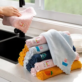 

Kitchen Water Absorption Dishwashing Cloth Household Microfiber Towels Coral Velvet Embroidered Rags Hang Rags Cleaning Cloth