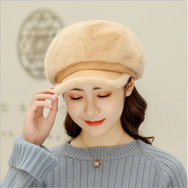 Beige Берет, шапка из мягкой норковой шерсти, восьмиугольная шапка для девушек, одноцветная, осенняя и зимняя, толстая, теплая шапка для девочек, женская шапка, модная, Новинка - Цвет: Beige