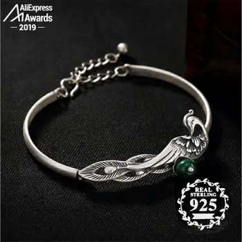 

Certified Earrings 925 Sterling silver Phenix peacock flea market lady authentic Thai Silver cute water drop solid long