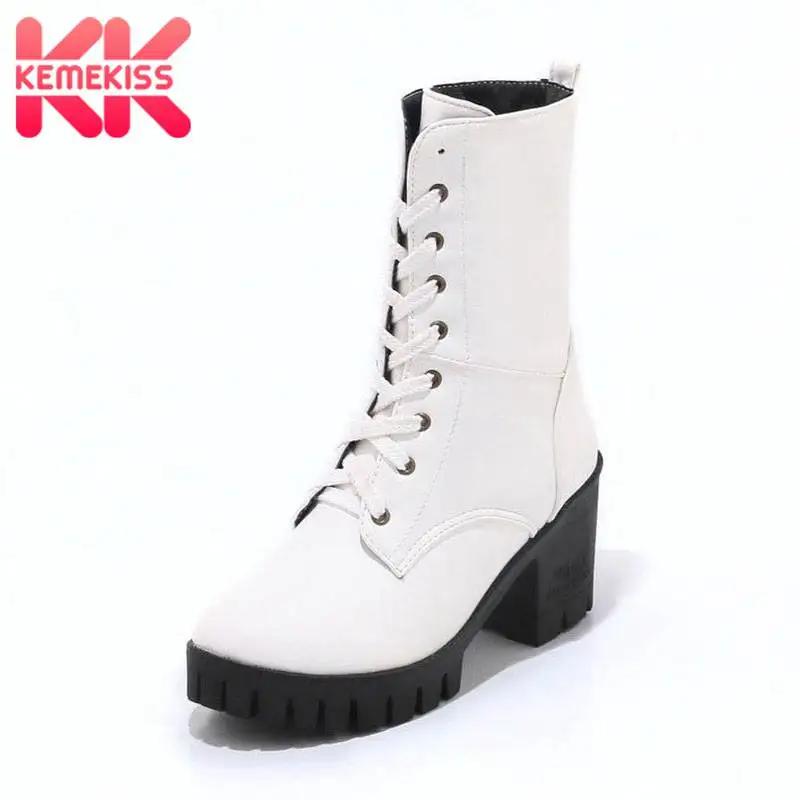 

KemeKiss Women Ankle Boots Pu Leather Casual Square Heels Platform Shoes Women Brand New Lace Up Motorcycles Boots Size 34-43
