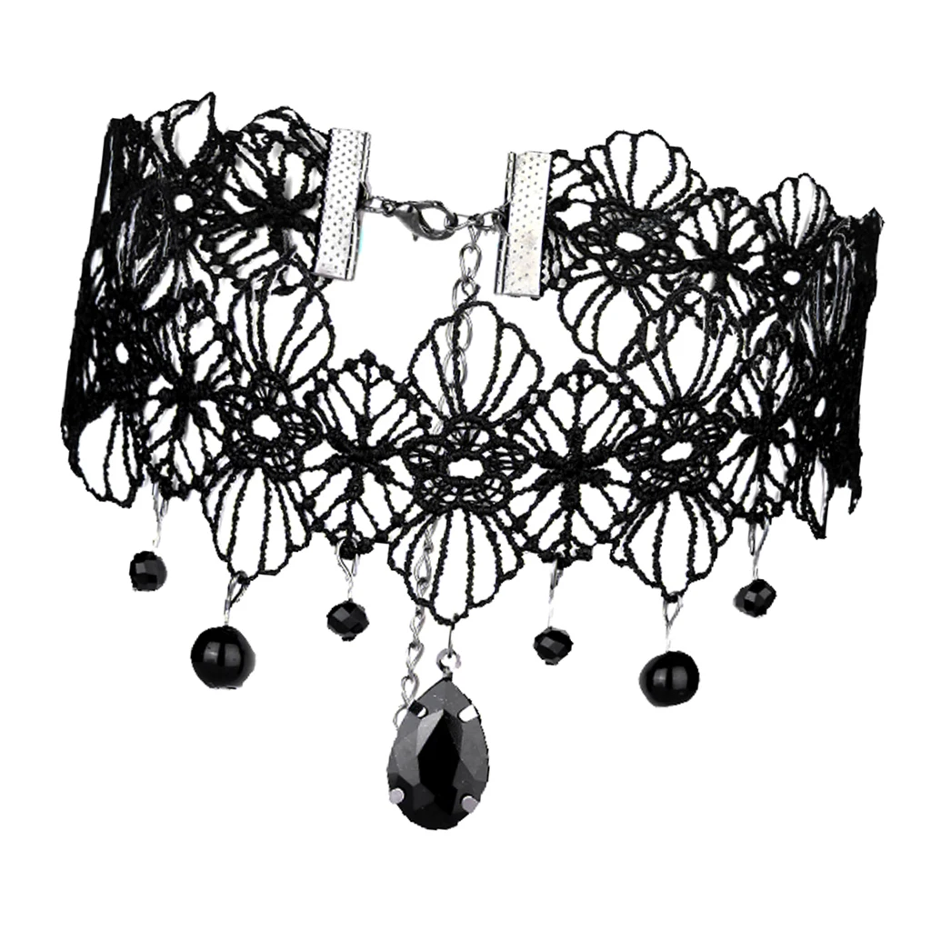 Wedding Party Beads Rhinestone Tassels Chain Pendant Gothic Necklace for Women Vintage Punk Black Lace Choker 