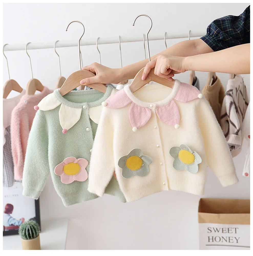 Милый Модный осенне-зимний трикотажный свитер для маленьких девочек, цветочные шарики, кардиган, топы, верхняя одежда, пальто, S9513