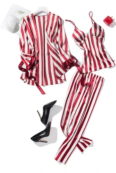 

Spring Summer Sling gown Robe Set Long-sleeved Satin Silk Three-piece Sleepwear Comfortable Sexy Suit with Breastpad Lounge Wear