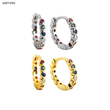 

ANDYWEN 925 Sterling Silver 8.5mm Rainbow Hoops Middle Colorful CZ Huggies Earring 2020 Piercing Ohrringe Pendiente Jewelry