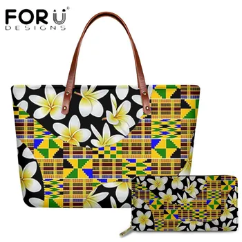 

FORUDESIGNS New Arrival 2pcs Set Female Handbags And Walllets African Tribe With Plumeria Printing Lady Luxury Shoulder Bolsa