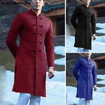 

INCERUN Men Shirt Elegant Vintage Long Sleeve Stand Collar Solid Color Tops Button Fitness Retro Mens Long Shirts 2020 S-3XL 7