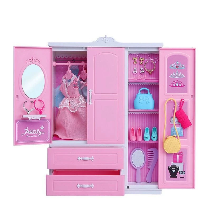 30CM Dollhouse Furniture 31 Items/Set=1 Wardrobe + 30 Doll Accessories Dolls Clothes Dresses Crowns Necklace Shoes For Babi