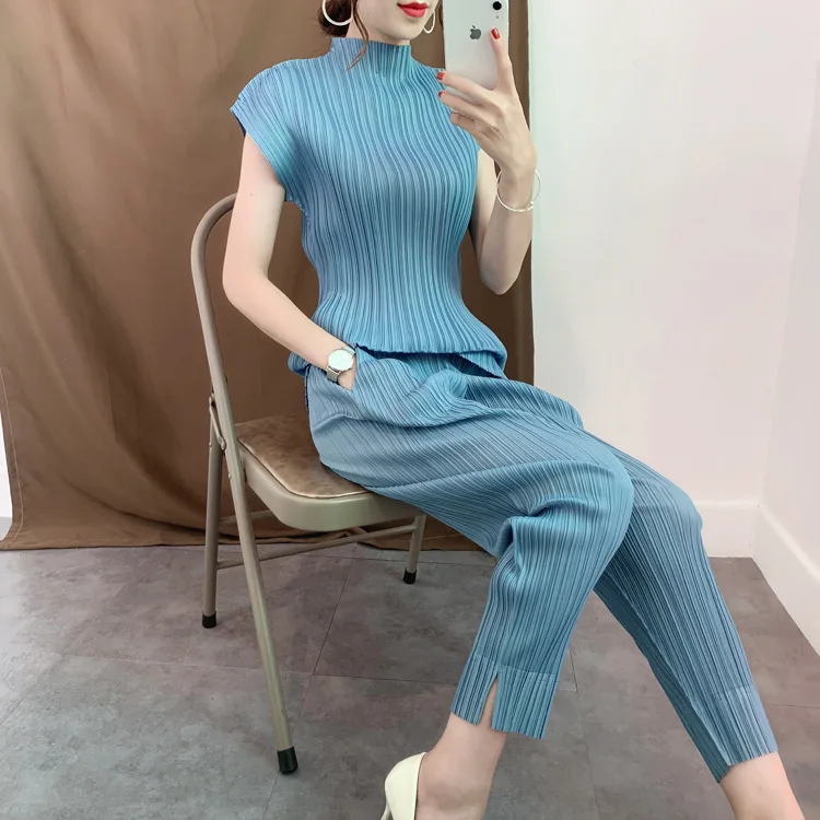 Miyake складывается прямые брюки осенние новые брюки ноги Сплит клинья девять брюки повседневные дикие ноги прямые брюки женские