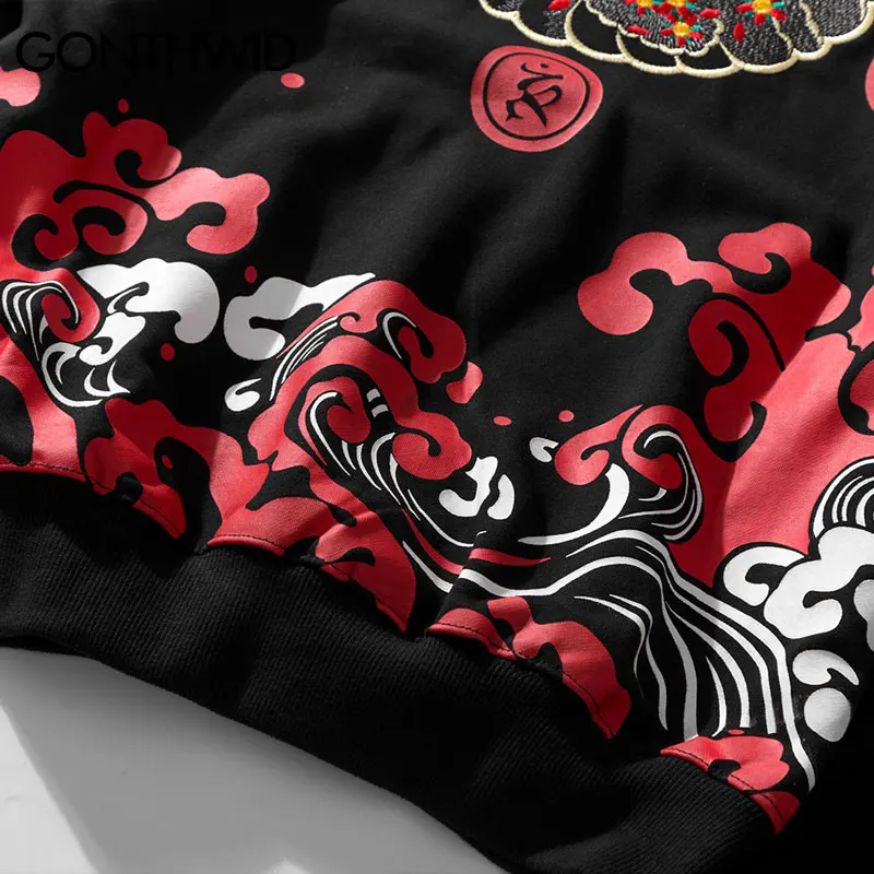 Embroidery Devil Wave Print Hoodies Men Japanese Streetwear Autumn Harajuku Hip Hop Pullover Hoodies Men Sweatshirts Streetwear