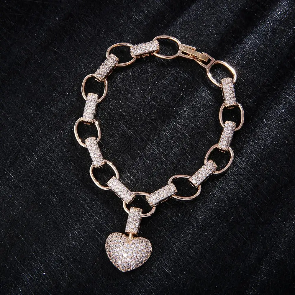 

Luxury Heart Link Chain Bracelets Bangles Cubic Zircon CZ Vintage Bohemian Cuff Bracelets For Women Femme Fashion Jewelry S0750