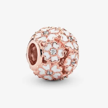 

Authentic 925 Sterling Silver Magnolia Flower Beads Rosegold Enamel White Cherry Blossom Openwork Charm Fit Pandora Bracelet DIY