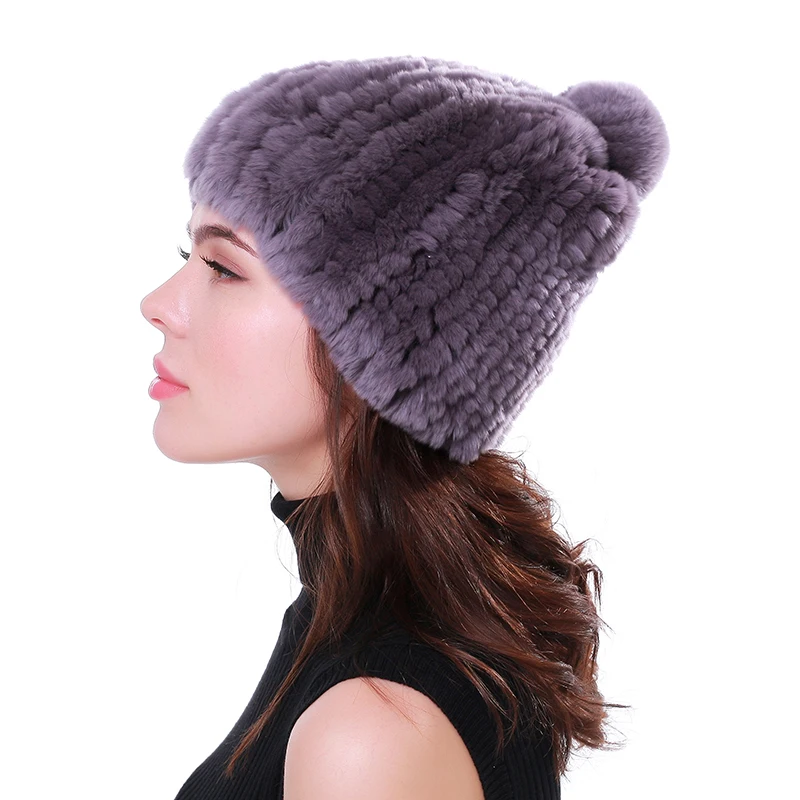 Real rex rabbit fur hat women winter knitted fur beanies cap with fur pom poms new thick female cap Elastic Soft warm