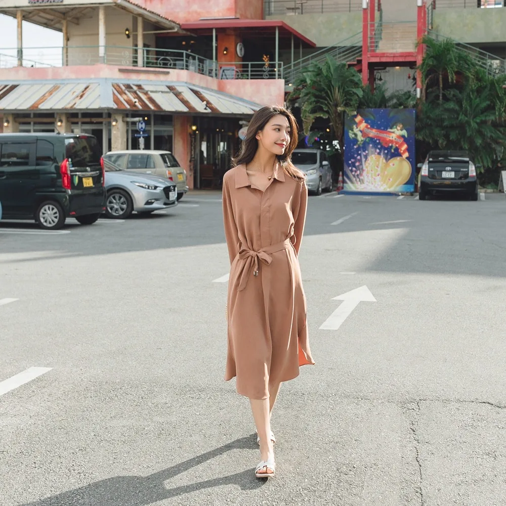 

Photo Shoot 2018 Autumn New Style Korean-style WOMEN'S Wear Fashion Waist Hugging Slimming Mid-length Slit Retro Shirt Dress