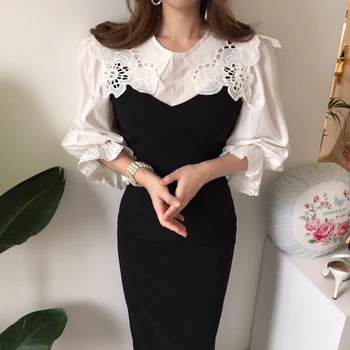 

Spring Fashion Elegant Vintage Women Two Pieces Set Chic White Hollow Out Shirt + Black Sleeveless Maxi Sexy Dress Ladies Suit