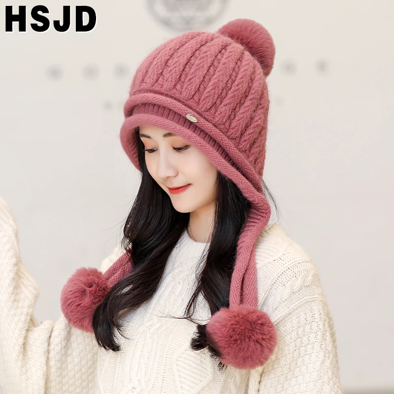 

Cute 3 Hair Ball Winter Hat for Women Knitted Beanies Hats Thick Warm Beanie Skullies Hat Female knit Stripe Bonnet Beanie Caps